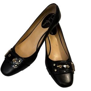 Women’s Black Leather Buckle Heels, Classic Designer Style, 2-inch Heel Size 6B